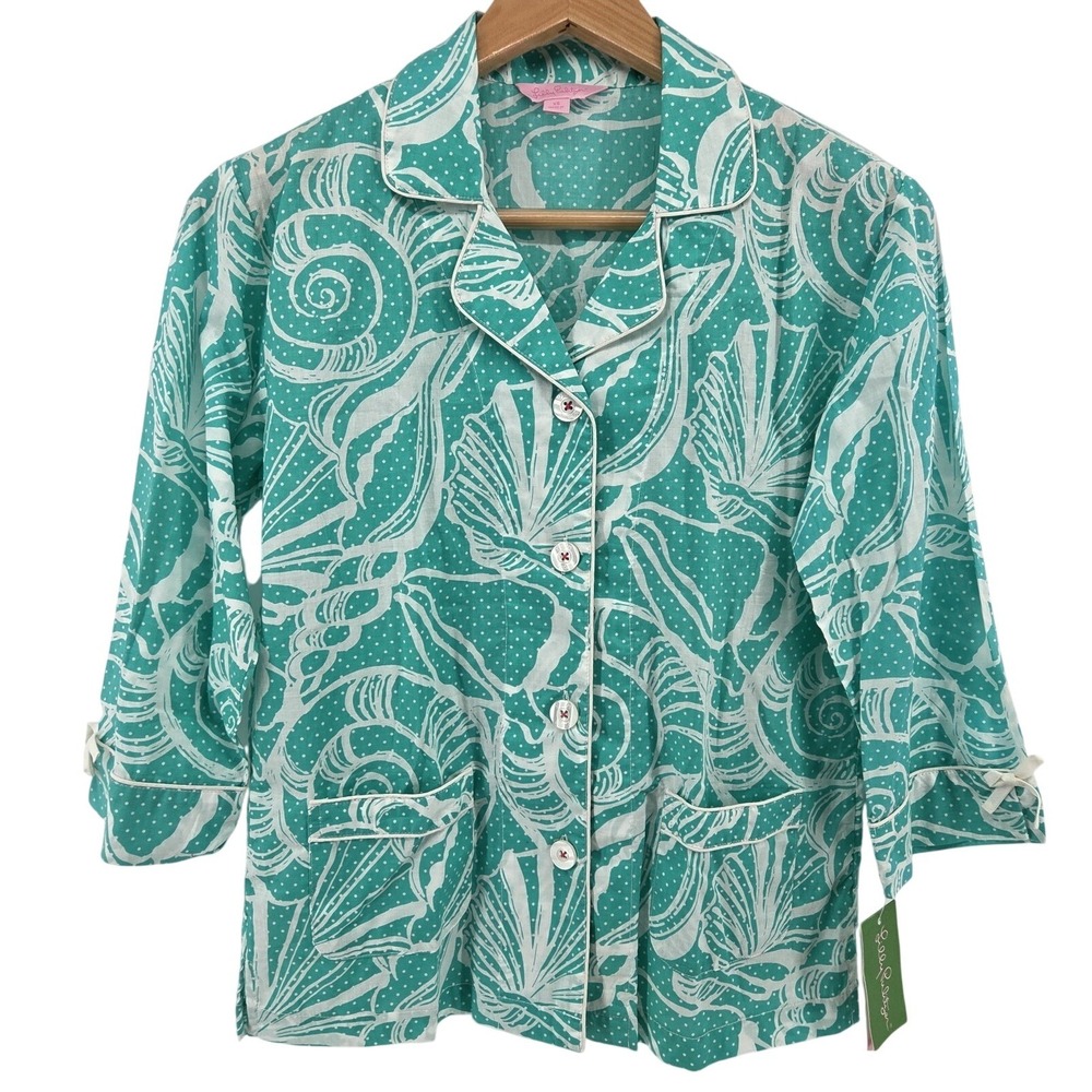 Lilly Pulitzer Clammies 'N' Jammies Pajama Top Green Shell Print Button Front XS